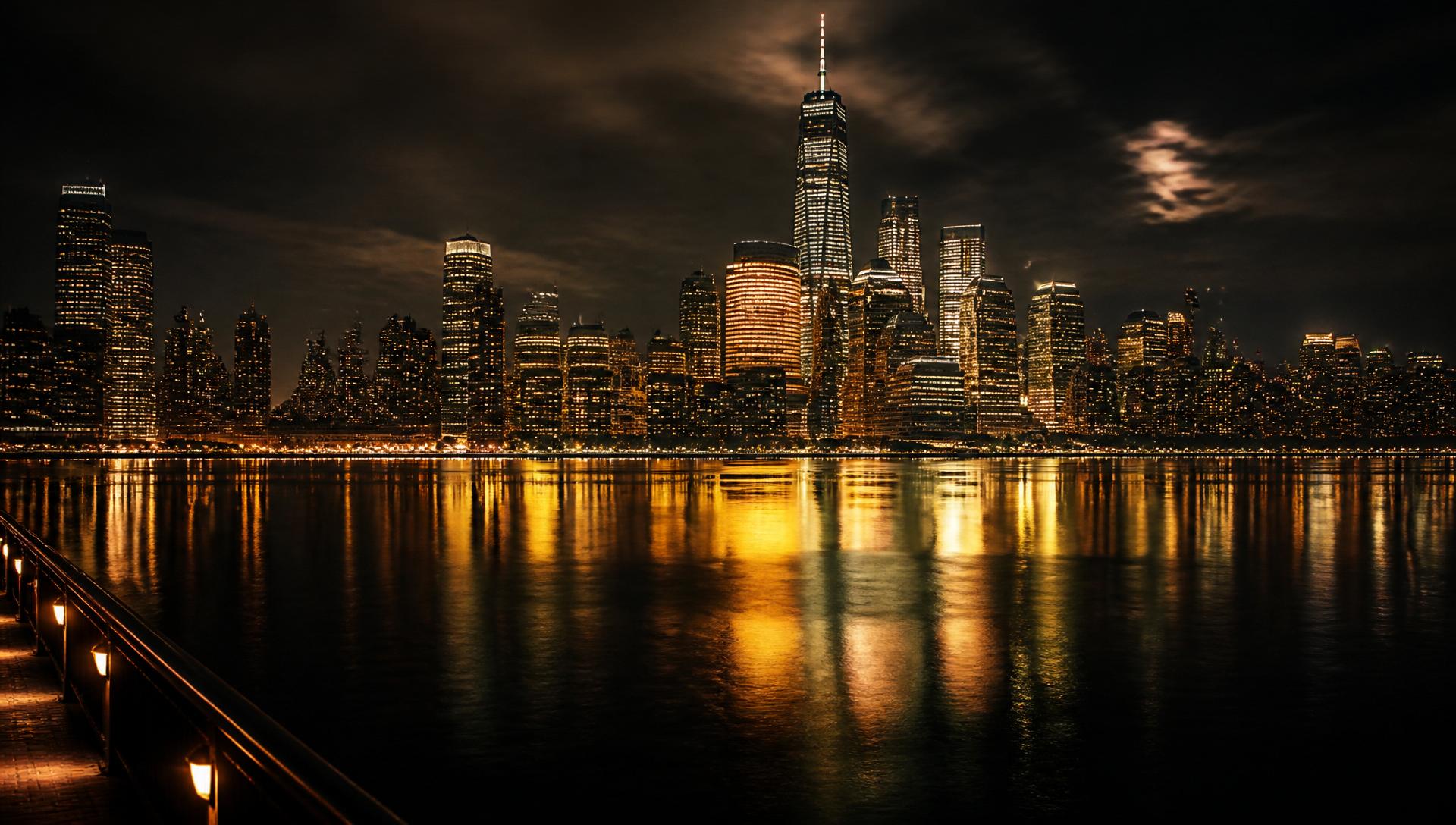 Manhattan skyline at night from across the Hudson